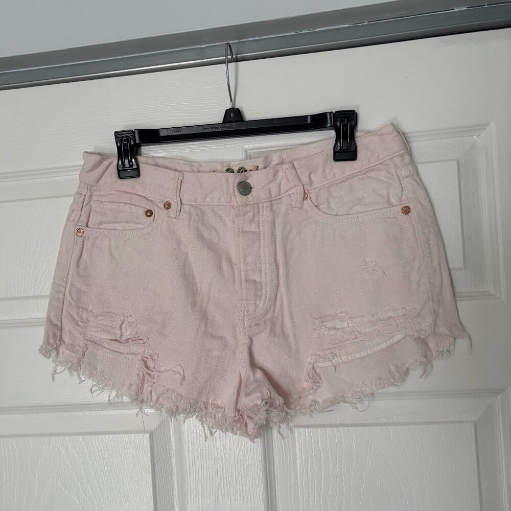 Free People Light Pink Distressed Button Fly Denim Shorts
